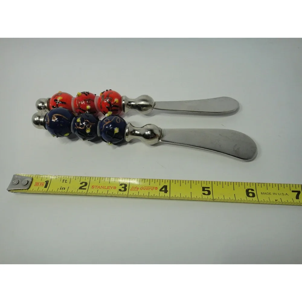 Set of 2 Handcrafted Lampwork Glass Bead Butter Spreaders Made in India Blue Red